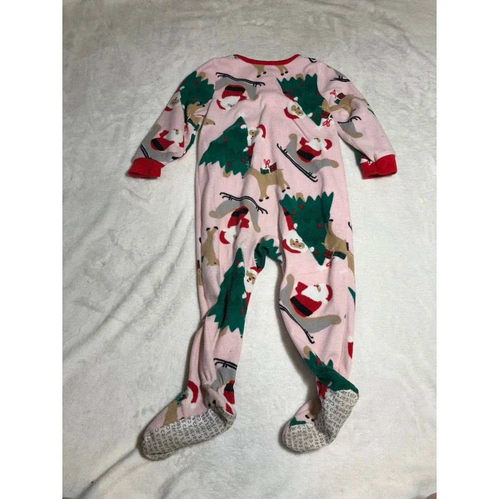 5/$25 Carter's Footed Pajamas 24m Pink Santa Reindeer Christmas Fleece Sleeper